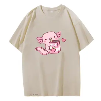 100% Bavlna Roztomilé Růžové Axolotl Miluje Jahodové Mléko Tričko Ženy Kawaii Tričko Dlouhý Rukáv Tees Muži Oblečení Kawaii Y2k Sudaderas