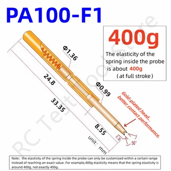 100KS 400g PA100-F1 Jarní Zkušební Sondy PA100-F Test Pin P100-F P100-F1 Testovací Nástroj 33.35 mm 1.36 mm Jehla Gold Tip 0.99 mm Pogo Pin