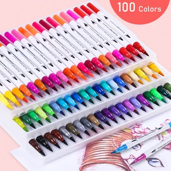 100pc Barevné Tužky Dual Tip Brush Marker Pen Akvarel Jemné Liniové Umění Značky Pro Barvení, Kreslení, Malování Kaligrafie