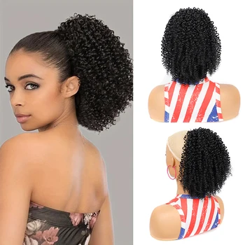 10palcový Kudrnaté Šňůrky Ohonu Prodloužení Vlasů pro Ženy Krátké Kinky Afro Kudrnaté ohonu Černá Syntetická Vlákna Koně Ocas Vlasy