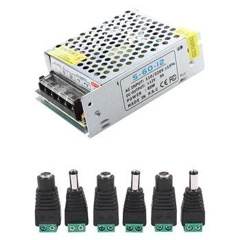 12V 5A Spínaný zdroj Pro LED Strip Světlo S 6ks 5.5X2.1Mm Female + Male CCTV Napájecí Konektor Adaptér Součástí