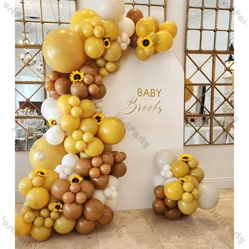 132pcs Hořčice Žlutá Karamel Písek Bílé Balónky, Věnec Arch Nastavit Pohlaví Odhalit Včelí Narozeniny Baby Sprcha Výzdobou Dodávky