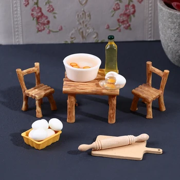 1Set 1:12 Domeček pro panenky Miniaturní váleček Olivový Olej Vejce Jídelní stůl a Židle Nábytek Model DIY Domeček pro panenky, Kuchyňské Potřeby