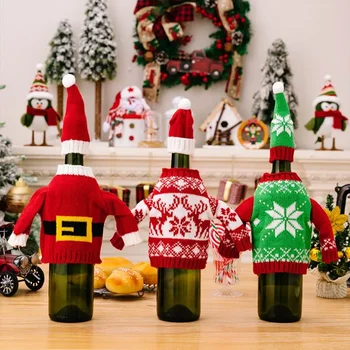 1Set Vánoční Dekorace Červené Víno Láhev se Týká Oblečení S Kloboukem Nový Rok Doma Večeři Stolu Láhev Šampaňského Dekor Dárek