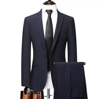 2 Ks Pruhovaný pánský Oblek Slim Fit pro Formální Svatební Smoking Vroubkované Klopě Tmavě Modré Pruhované Podnikání Ženich Muž Móda