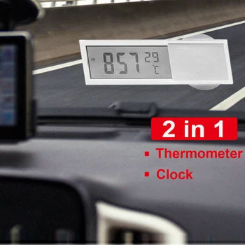 2 V 1 Automobil Clock LCD Displej Přísavky Typ Hodiny, Teploměr Transparentní Přenosné Auto Interiér Ornament Příslušenství