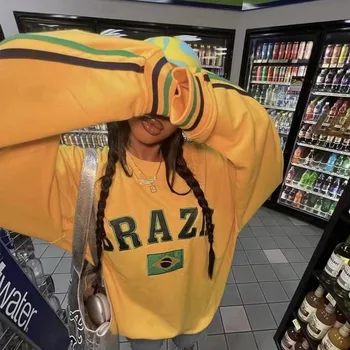 2000s Harajuku Brazílie Vlajka Tisk Mikina Pár Street Trend Retro Volné Svetr Ženy Ležérní Žlutá Mikina Y2k Oblečení