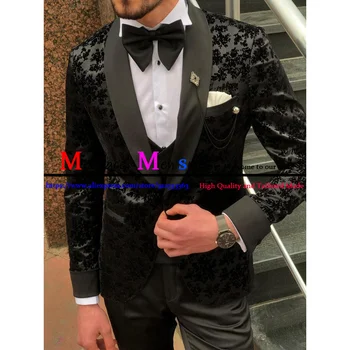 2021 Nové Pánské Svatební Oblek Slim Fit Black Jacquard Obleky Pro Muže Ženicha Smoking (Sako +Vesta+Kalhoty ) Set Na Zakázku Muži Blazer