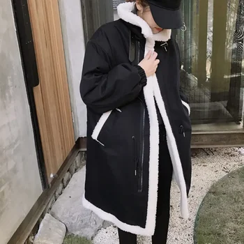 2022 nové volné parker tlustý kabát větrovka ladies dámy bavlněné sako mid-délka zimní imitace jehněčí kožešiny módní trend kabát