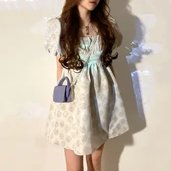 2022 Puff Sleeve Roztomilá Dívka Krátké Šaty Korean Fashion-line Mini Šaty pro Ženy, Elastický Vysoký Pasu Elegantní Oblečení