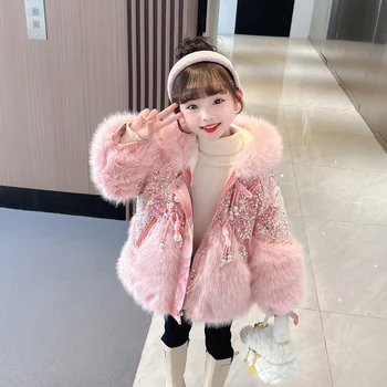 2023 holka, svetr, kožich zimní nové korejské verzi zdobený kožich růžová dívka, teplá a sametová polstrovaná imitace kožešiny kabát