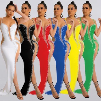2023 Jaro Léto Nové Módní Dámské Oblečení Šaty Sexy Viz-prostřednictvím Drahokamu Popruh Šaty