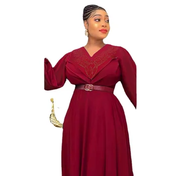 2023 Jaře Nové Příjezdu Africké Ženy Dlouhý Rukáv V-neck Polyester Zelená Růžová Červená Dlouhé Šaty Maxi Šaty L-3XL Africké Šaty