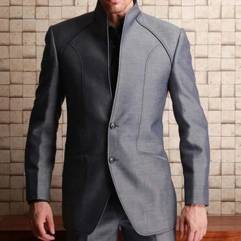 2023 Nové 2 Ks Tunika Muži Obleky Límcem Vlastní Svatební Oblek Ženicha Šedé Obchodní Muž Módní Kostým Bunda s Kalhoty