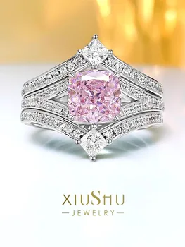 2023 Nové 925 Stříbrné Sada Prsten s Růžovými Diamanty Vykládané s Vysokým obsahem Uhlíku Diamanty Stylový a Všestranný Design