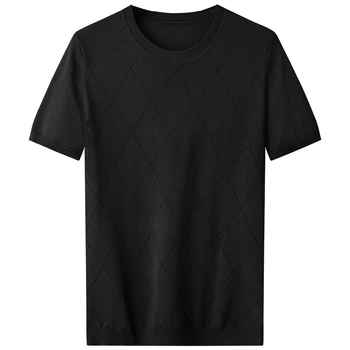 2023 Nové Letní Módní T-Košile Muži Slim Fit Korea Styl Pletené Košile Mužské Svetr Ležérní Solidní Krátký Rukáv Topy Tee F81