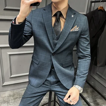 2024 Vysoká Kvalita(Sako+Vesta +Kalhoty) Muži Jednoduché Elegantní Módní Pohovor Gentleman Oblek Slim, 3-dílný Oblek