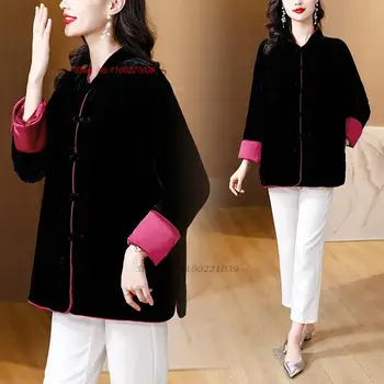 2024 čínské vintage lepší kabát retro zahustit sametové sako orientální elegantní tang oblek národní bavlna-polstrovaný etnické kabát