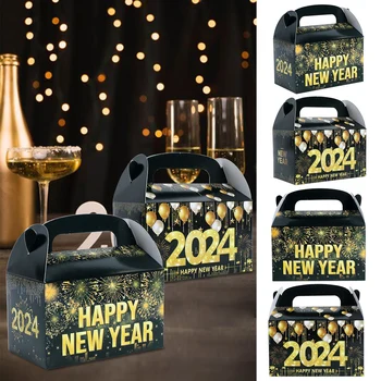 2024 Šťastný Nový Rok 4ks Léčbě Krabice novoroční Party Sáčky Černého Zlata Candy Goody Dárek Pachaging Krabice Strana Prospěch Dodávky