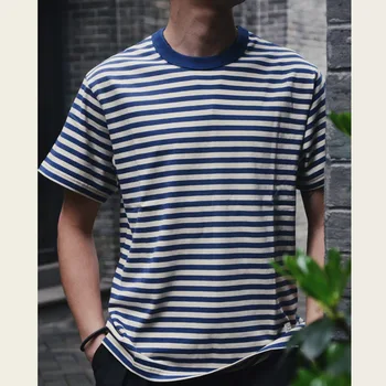 2212 230G Bavlna T-košile Muži ' s Letní Módní Navy Style s Krátkým Rukávem O-neck Pruhované Trička Čínské Módní Klasické Vintage Topy