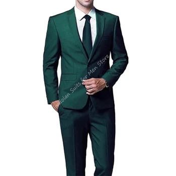 2ks Tmavě Zeleného Saka Kalhoty Pánské Obleky Sady Míru Oblečení Ležérní Sako Kalhoty Svatební Party Opotřebení Obchodní Muž Obleky