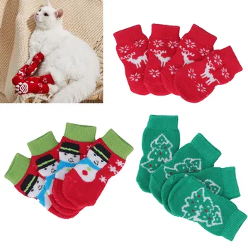 4ks Pes Ponožky Vánoční Vzor Teplé Zimní Smyku Odolnost proti Přenosné Pletené Bavlny Cat Ponožky Pro Domácí Halové