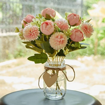 5 Vidličky Umělé Květiny Hedvábí Růže, Pivoňka Kytice pro Svatební Stůl, Party Váza Domů Rozložení Zahradní Dekorace
