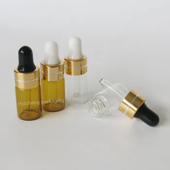 500 x Mini 3ML Jasné, Amber Kapátko, Láhev, Sklenice, Lahvičky S Pipetou Gold Cap Pro Kosmetický Parfém Esenciální Olej Láhve