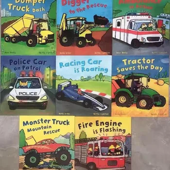 8 Knih/Set Zaneprázdněn Kola Bagr Fire Truck Závodní Traktor Ambulance Angličtina Obrázek Příběh Knihy Chlapec, Děti, Poznání, Vzdělání