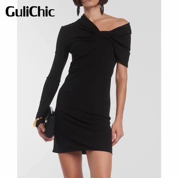 9.23 GuliChic Ženy Elegantní Sexy Černé Asymetrické Jedno Rameno Dlouhý Rukáv Slim Šaty