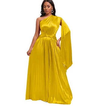 Africké Šaty pro Ženy Letní Elegantní Africké Polyester Skládaný Dlouhé Strany, Slim Fit, Jeden Rukáv Maxi Róby Africké Oblečení