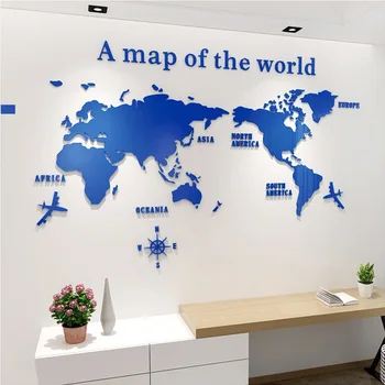 Akrylové 3D Mapa Světa Samolepky na Zeď trojrozměrný Zrcadlo Samolepky, Ložnice, Kancelář, Pozadí, Dekorace na Zeď Samolepky