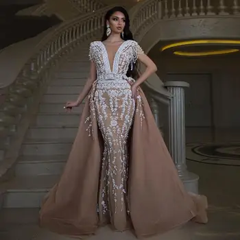 Arabské Elegantní Overskirts Mořská panna Prom Šaty Dlouhé Korálky Nášivky Večerní Šaty s Odnímatelným Vlak Zvláštní Příležitosti