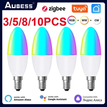 Aubess Tuya E14 Smart, ZigBee Žárovka Svíčka Evropské Žárovky RGB LED WW Lampy Prostřednictvím Inteligentní Život Alexa Google Domů Alice