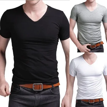 B8218 Letní Hot Prodej T - Shirt Nové Pánské V Krku Topy Tričko Slim Fit Krátký Rukáv jednobarevné Casual T-Shirt