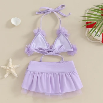 Baby Girl Plavky 2 Ks Bikini Set Ohlávka Krku 3D Květ Tie Up Topy Elastické Pasu Šortky Naprosté Mesh Plavky
