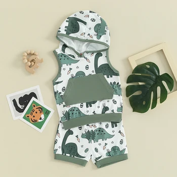 Batole Dítě, Chlapec Velikonoční Outfit Dinosaurus Tisk Hood Tank Topy Elastické Šortky Set Roztomilé Kojenecké Novorozeně Letní Oblečení