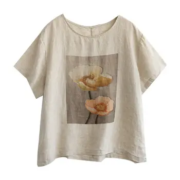 Bavlněné Prádlo T Košile Ženy Módní Design Květinové Tištěné Vintage T-shirt Ležérní Volné Krátký Rukáv Top Letní Trend Tenký Tričko