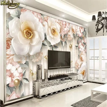 beibehang Vlastní Nástěnné Květiny Malované Pozadí tapety pro Obývací Pokoj Ložnice Reliéfní růže Velké Nástěnné Wall Paper roll