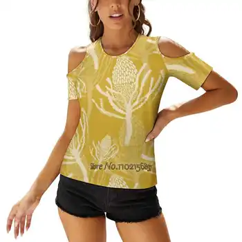 Bezešvé Bílé Protea Na Hořčici Ženy Ležérní Sexy Tričko na Jedno Rameno Šněrování T Košile Elegantní Beach Party Topy