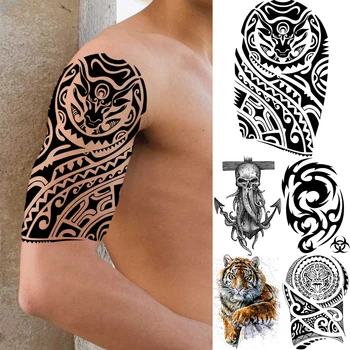 Big Black Bull Totem Arm Dočasné Tetování Pro Muže Dospělý Tygr Kotva Realistické Falešné Tetování Nálepka Body Art, Tetování Armband