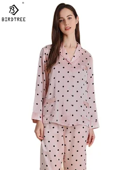 Birdtree 19 Momme 100%Originální Hedvábné Pyžama Nastaví Ženy, oblečení na Spaní Sladké Růžové Polka Dot Dámské Pyžamo Jaro Podzim Nové S38013QM