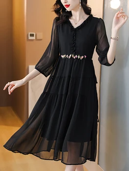 Black Korean Vintage Hepburn Šaty pro Ženy Letní Elegantní Přírodní Hedvábí Midi Šaty 2023 Módní Luxusní Elegantní Party Večerní Šaty