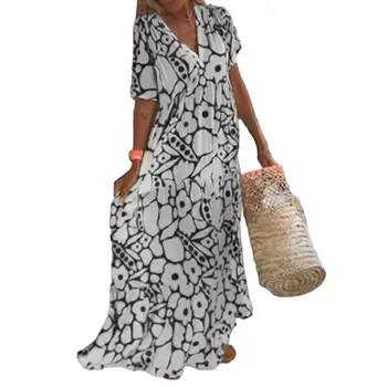 Bohémské Šaty Ženy Květinové Tisk Maxi Šaty Stylový V-neck Prohrábnout Šití Lem Loose Fit Streetwear Letní Dámské Oblečení