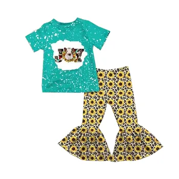 Boutique Rodeo Oblečení Abeceda Tisk Krátký Rukáv Leopard Slunečnice Kalhoty Batole Oblečení Set
