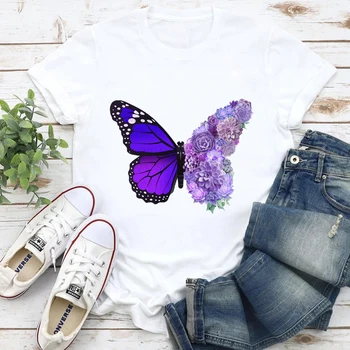 Bílá T-shirt Dámské Print Stylový Streetwear 2023 Nový Krátký Rukáv T-košile Květinové Butterfly Roztomilý Vintage Letní Y2k Oblečení Top