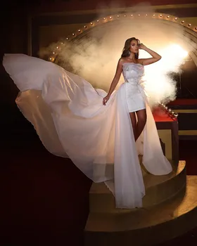 Bílé Formální Šifon Krajka Kolena Délka Nášivka Svatební Šaty Odnímatelné Sexy Luxusní Večerní Šaty Prom Party Šaty فساتين كوكتيل