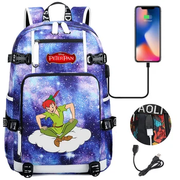 Disney Peter Pan Školní Batoh Ženy Muži Laptop Cestovní Taška Velký Vodotěsný Multifunkční USB Nabíjecí Batoh Mochila
