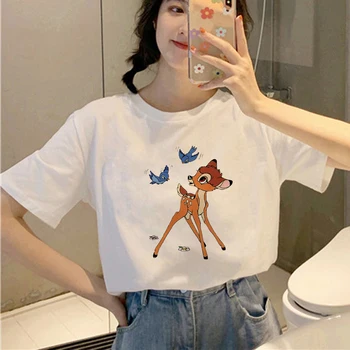 Disney Tričko Bambi Bílé-sledoval Jelena Fashion Girl T-Shirt Letní Karikatura O-Krk Krátký Rukáv T-Shirt Ženy Ležérní Tričko Topy