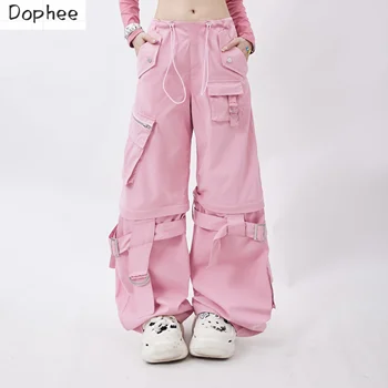 Dophee Růžové Kalhoty pro Dámy Letní All-zápas Dopaminu Osobnosti Multi Kapsy Casual Rovné Kalhoty Streetwear Kalhoty